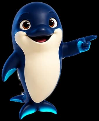The Bima dolphin mascot guiding a community group with a friendly gesture