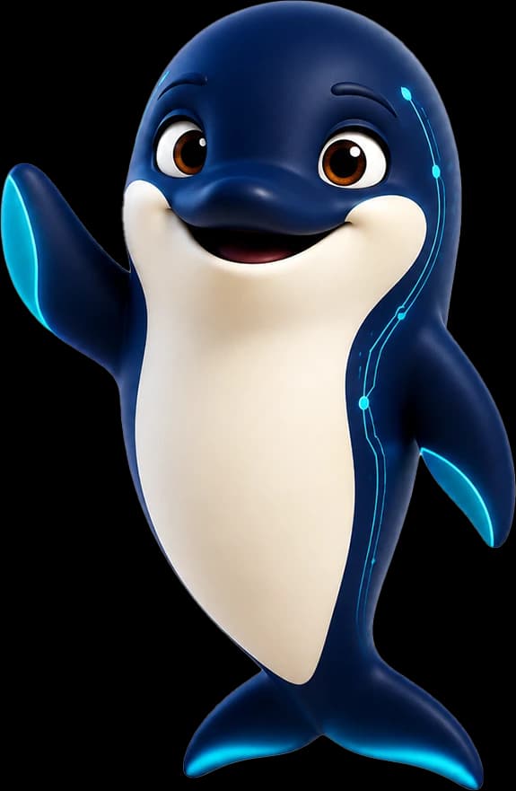 Bima — a friendly 3D dolphin mascot waving hello