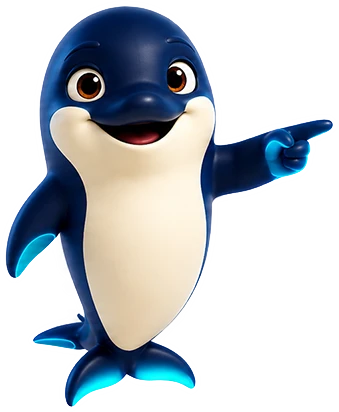 The Bima dolphin mascot guiding a community group with a friendly gesture